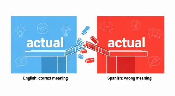 Ilustración que muestra la palabra "actual" en azul (significado correcto en inglés) y en rojo (significado erróneo en español), con un puente roto entre ellas, simbolizando los falsos amigos en inglés.