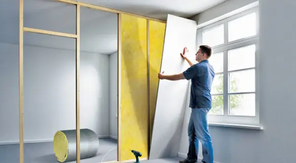 Mann zieht eine Gipskartonplatte an einer Holzlattung ein, um eine neue Wand zu bauen. Dämmmaterial liegt bereit.