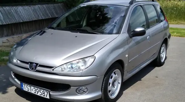 Srebrny Peugeot 206 SW z relingami dachowymi zaparkowany na tle drewnianego płotu i zieleni.