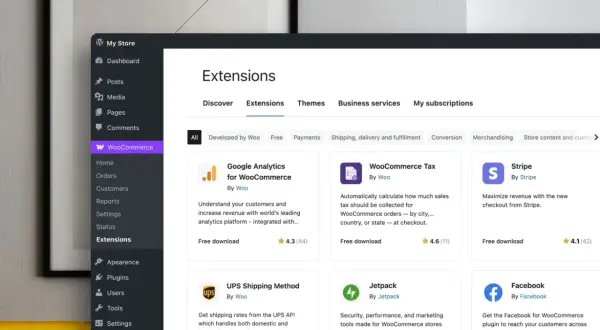 Explora extensiones para tu tienda: Google Analytics, WooCommerce Tax, Stripe, UPS, Jetpack y Facebook. Así funciona WooCommerce.