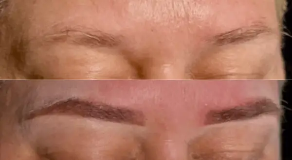 Przed i po: naturalne brwi przed i po zabiegu henna pudrowa. Efekt pięknych, podkreślonych brwi.