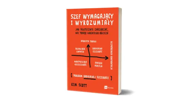 Książka "Szef wymagający i wyrozumiały" Kim Scott. Na okładce schemat zarządzania: osobista troska vs. bezpośrednia konfrontacja.