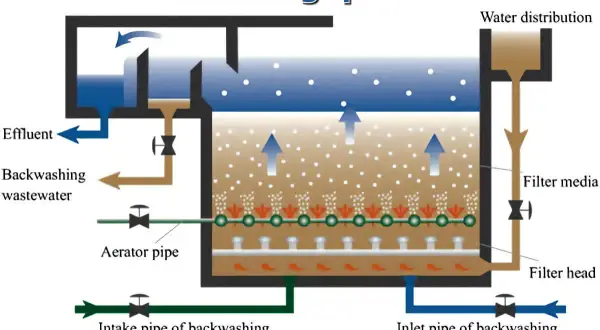 Schéma d'un filtre biologique aéré montrant le flux d'eau, les médias filtrants et le système d'aération pour une purification efficace.