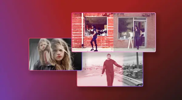 Collage of video clips: two girls, a pixelated figure, a woman exiting a shop, and a man on a rooftop. These could be used as after effects overlays.