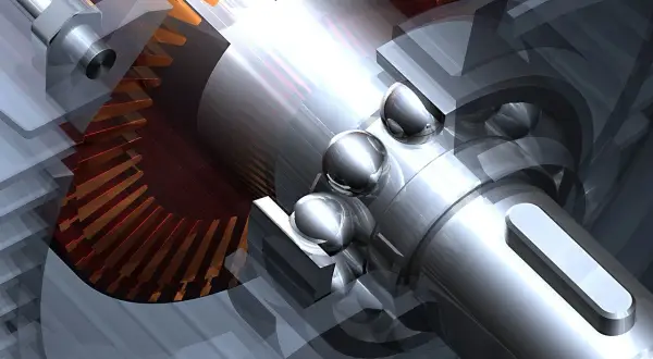 Mechanizm z zębatkami i kulkami łożyskowymi. Centralna oś obraca się, napędzając zębatki.