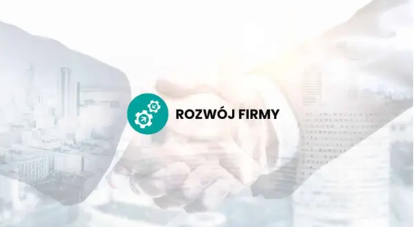 Symbol rozwoju firmy i hasło "ROZWÓJ FIRMY" na tle uścisku dłoni i panoramy miasta. Idealne dla spółki akcyjnej.