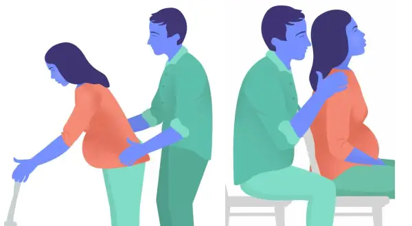 Gravid kvinna får stöd för profylax andning. En man stöttar hennes rygg när hon står, och lägger en hand på hennes axel när hon sitter.