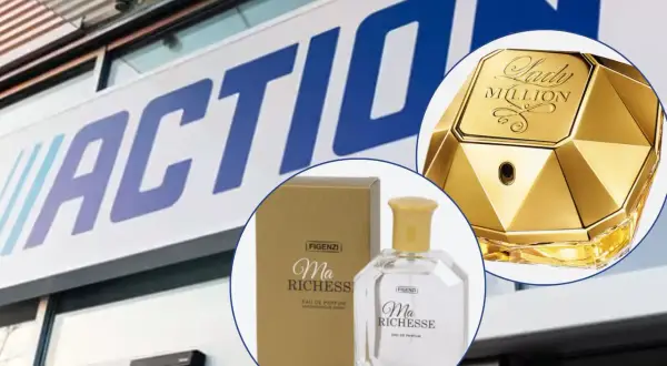 Złota butelka perfum Lady Million Lucky i perfumy Ma Richesse na tle sklepu Action.