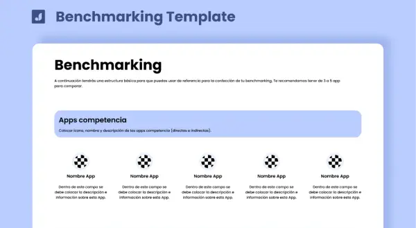 Plantilla para web benchmarking con secciones para analizar apps competencia y diseño visual.