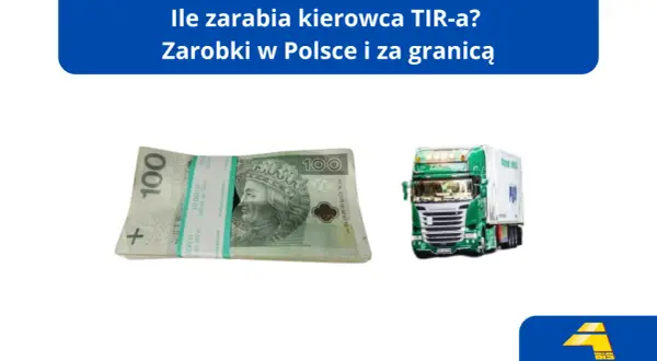 Ile kierowca tira ma za kilometr? Stos banknotów 100 zł i zielona ciężarówka sugerują zarobki w transporcie.