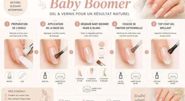 Tuto manucure Baby Boomer pour un résultat naturel. Étapes pour créer un nail art dégradé de couleur subtil, du nude au blanc, avec une finition gel.