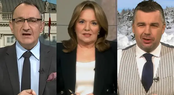 Trzech dziennikarzy i prezenterów TV Republika: mężczyzna w garniturze na tle Pałacu Prezydenckiego, kobieta w czarnej marynarce i mężczyzna w kamizelce na tle zimowego krajobrazu.