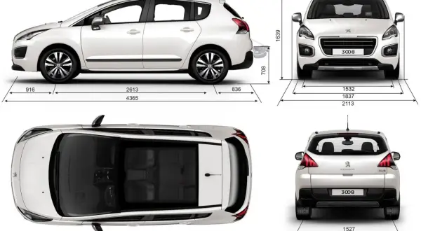 Biały Peugeot 3008 z 2010 roku widziany z przodu, boku, tyłu i z góry, z wymiarami.