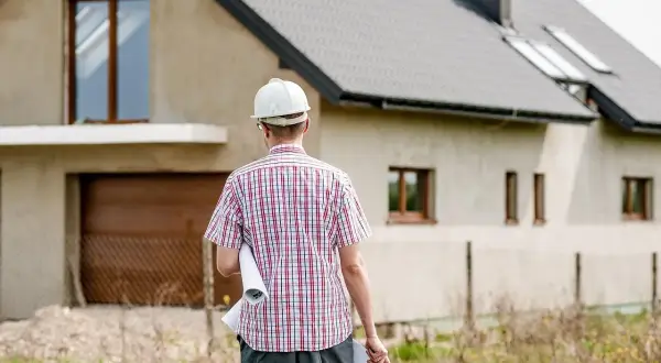 Inżynier w kasku nadzoruje budowę domu, trzymając plany.