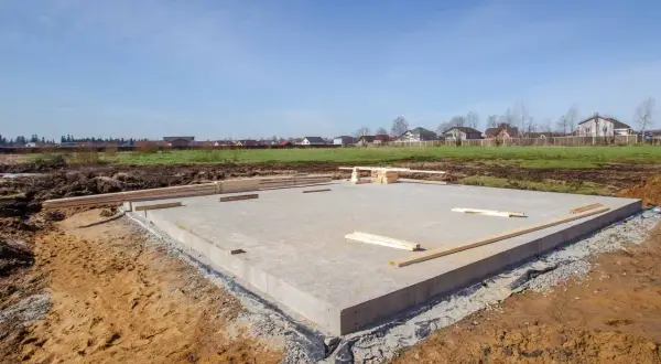 Płyta fundamentowa, jeden z rodzajów fundamentów, gotowa pod budowę domu. W tle widać domy i zielone pola.