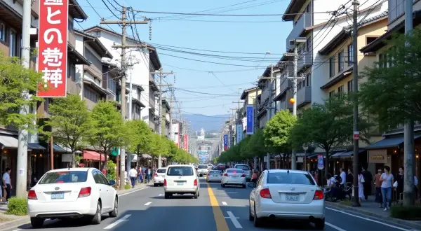 Ulica w Japonii, pełna samochodów i pieszych. Widać tradycyjną architekturę i zielone drzewa. Taki ruch jest w Japonii.