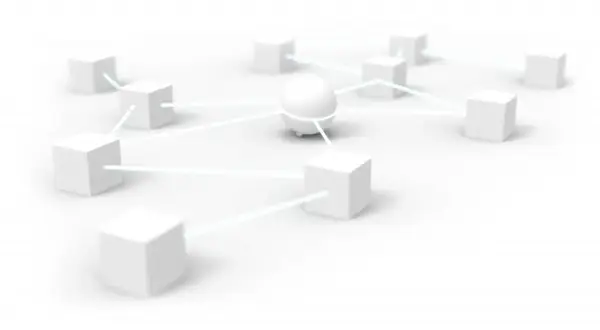 Un réseau de cubes blancs connectés par des lignes lumineuses, évoquant une technologie comme le Velux Z-Wave pour une maison intelligente.