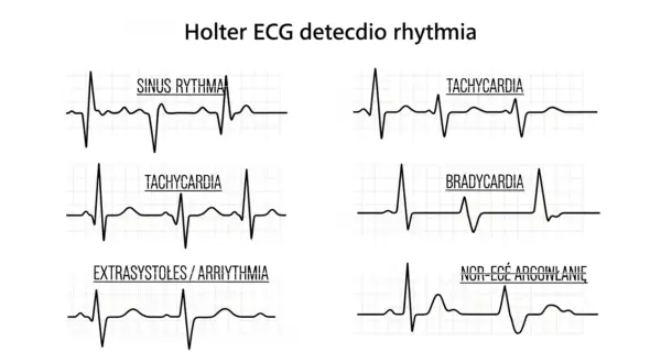 Przykłady zapisu EKG z monitorowania Holterem: rytm zatokowy, tachykardia, bradykardia, ekstrasystole, arytmia.