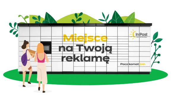 Paczkomat InPost z napisem "Miejsce na Twoją reklamę". Dwie kobiety odbierają paczkę. Idealne miejsce na reklamę firmy w internecie.