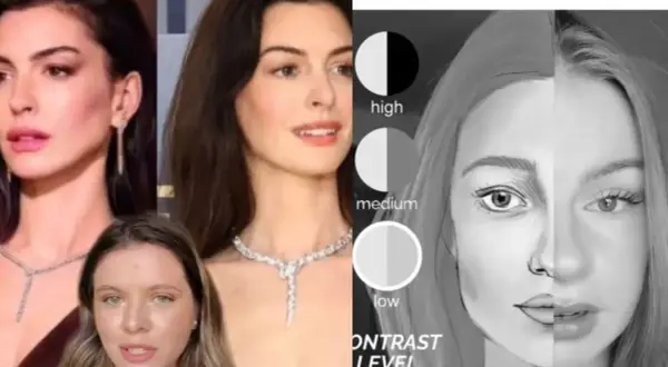 Anne Hathaway, avec son teint pâle, est montrée à côté d'une illustration de visage divisée, démontrant les niveaux de contraste.
