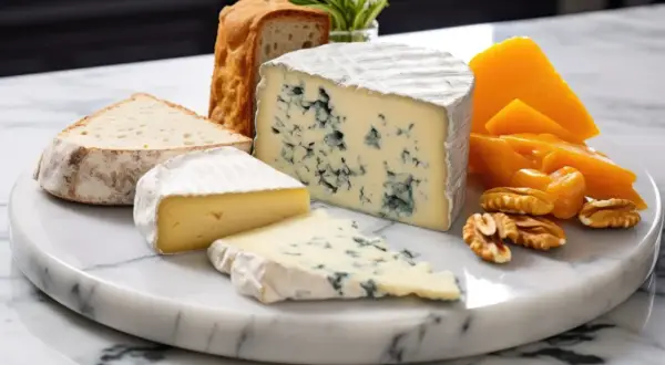 Deska serów z chlebem, orzechami i kawałkami sera, w tym wyrazisty gorgonzola piccante.