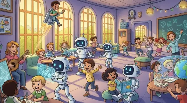 Kinder lernen in einer lebendigen Klasse mit Robotern und einer Lehrerin, die Gitarre spielt. Ein Junge fliegt mit einem Jetpack. Dies ist eine Vision der Schule in der Zukunft.
