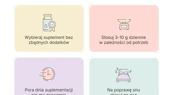 Glicyna co to? Porady dotyczące suplementacji: wybieraj czysty produkt, stosuj 3-10g dziennie, pora dnia nie ma znaczenia, na sen stosuj na noc.