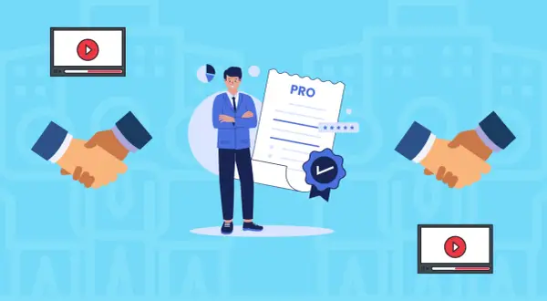 Uśmiechnięty mężczyzna w garniturze prezentuje certyfikat "PRO". Obok niego uściski dłoni i ikony wideo, sugerujące współpracę i **animate** materiały.