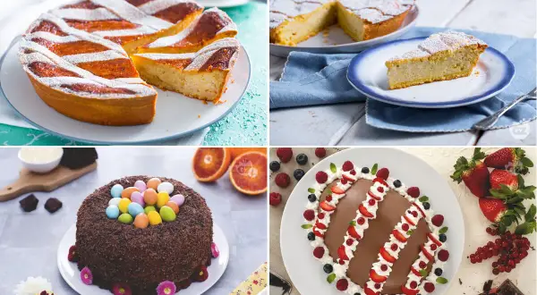 I migliori dolci di Pasqua: crostate decorate, torta al cioccolato con uova e un dolce a forma di uovo con frutta fresca.