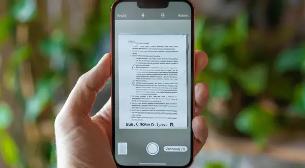 Skanowanie dokumentu telefonem, by sprawdzić, czy można wydrukować z telefonu. Widoczny ekran smartfona z aplikacją do skanowania.