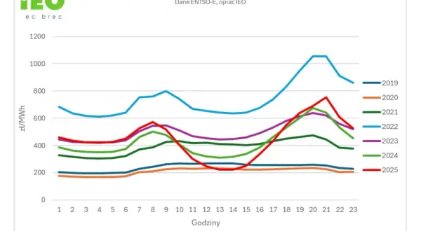 Wykres przedstawia średnie godzinowe ceny energii elektrycznej na giełdzie w latach 2019-2025, pokazując ich zmienność w ciągu doby.