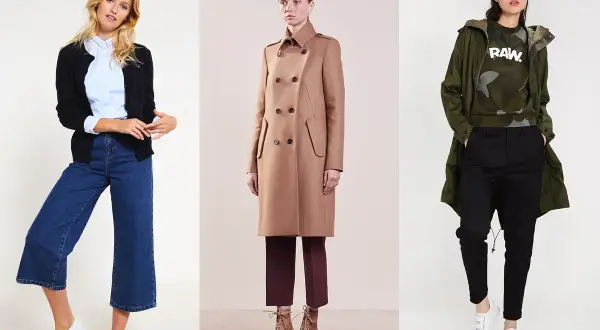 Trzy kobiety w stylizacjach: jedna w kardiganie i dzwonach, druga w płaszczu, trzecia w parkze i spodniach. Styl tomboy widoczny w swobodnych krojach.