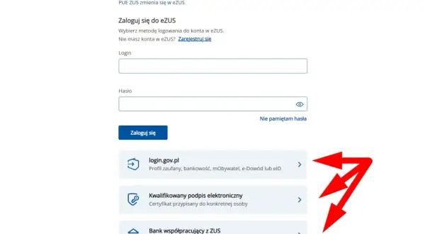 Logowanie do eZUS przez bank. Wybierz metodę logowania: profil zaufany, podpis elektroniczny lub bankowość elektroniczną.