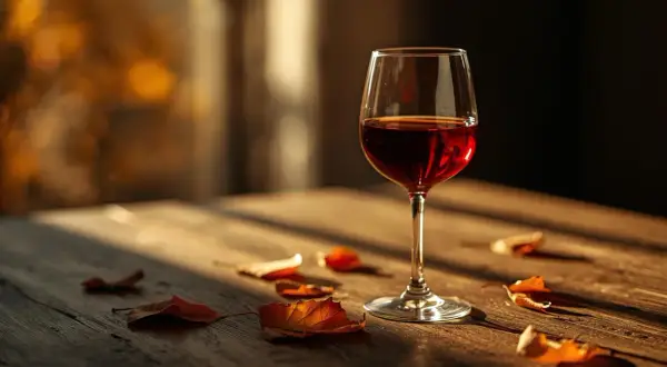 Ett glas rött vin står på ett träbord med höstlöv. Perfekt vin till pumpasoppa en kylig höstdag.