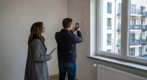 Mężczyzna robi zdjęcie pęknięcia na ścianie, kobieta trzyma dokumenty. To przykład sytuacji, gdy przyda się wiedza, co to jest rękojmia.