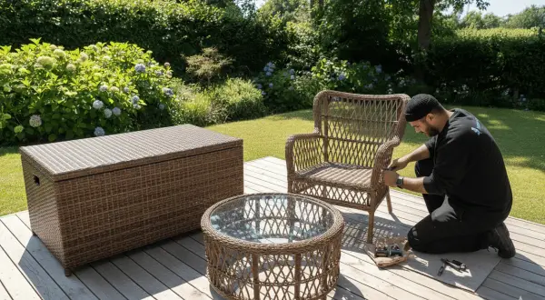 Man fixar en rottingstol på altanen. Bredvid står ett runt soffbord och en förvaringsbänk i rotting.