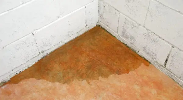 Ecke eines Kellers mit Wasser auf dem Boden und an den weißen Ziegelwänden. Ein Wasserschaden im Keller? Was tun?