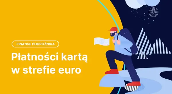 Podróżnik z plecakiem i mapą, płatności kartą w strefie euro. Kursy Visa, euro, PLN.