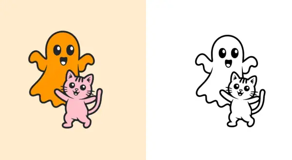 Un fantasma arancione e un gattino rosa giocano insieme. Line art per creare cose di Halloween da colorare.