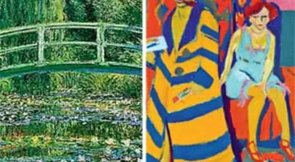 Impressionism vs. Expressionism: Monet's serene bridge and water lilies contrast with bold, emotional portraits.
