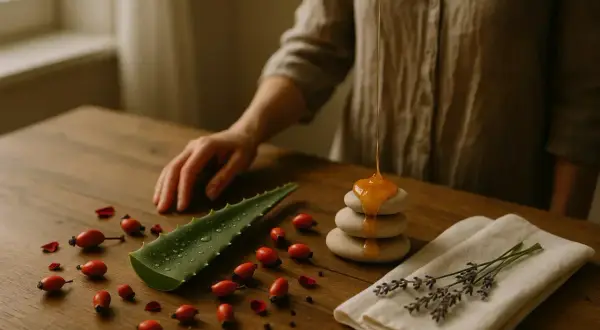 Natürliche Zutaten wie Aloe Vera, Hagebutten und Honig als Hausmittel gegen Keloid-Narben.