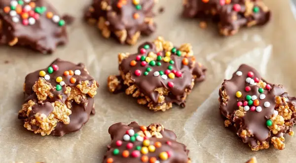 Roligt julgodis barn älskar! Krispiga chokladkakor med färgglada strössel, perfekta för julfikat.
