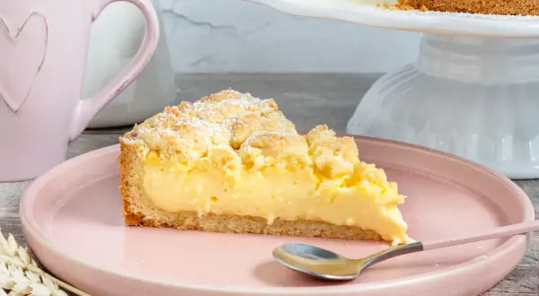 Ein Stück Streuselkuchen mit Pudding auf einem rosa Teller, bestäubt mit Puderzucker.