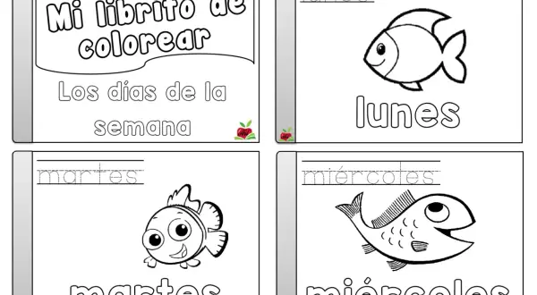 Fichas para colorear de los días de la semana con peces: lunes, martes y miércoles.