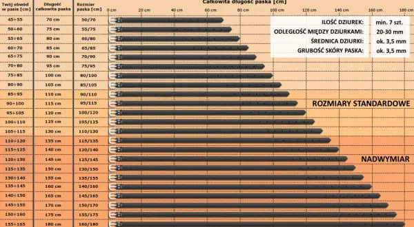 Tabela z wymiarami pasków do spodni, pokazująca długość paska i obwód w pasie.