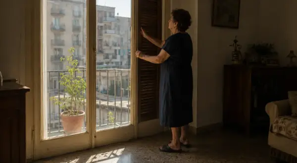Donna chiude le persiane per capire come rinfrescare casa senza condizionatore, creando un'ombra accogliente.