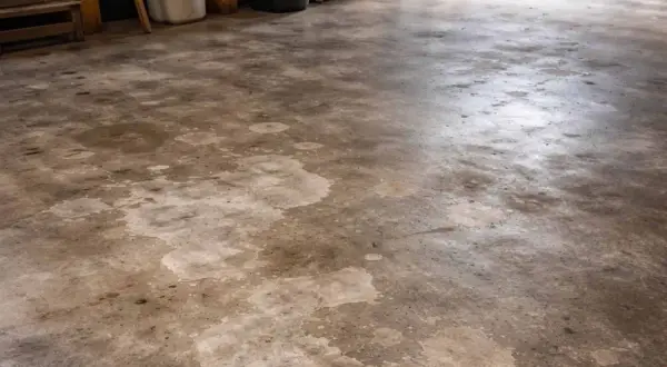 Pavimento esterno in cemento con macchie evidenti, pronto per essere pulito con acido muriatico per rimuovere le incrostazioni.
