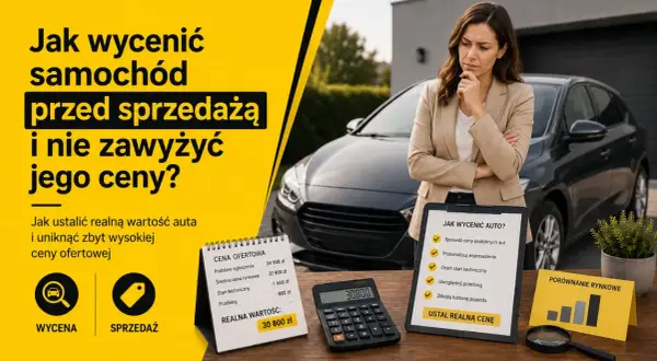 Kobieta zastanawia się, jak sprawdzić wartość rynkową pojazdu. Na stole kalkulator, notatki z cenami i lupa.