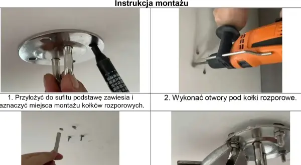 Instrukcja montażu huśtawki: zaznaczanie miejsc, wiercenie otworów, wkładanie kołków i przykręcanie.