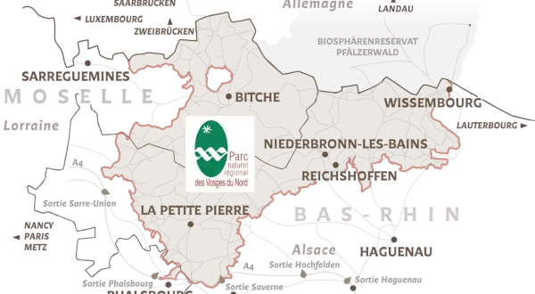 Carte du Parc naturel régional des Vosges du Nord, idéal pour une randonnée 3 jours Vosges du Nord. Découvrez Bitche, La Petite Pierre, Wissembourg.